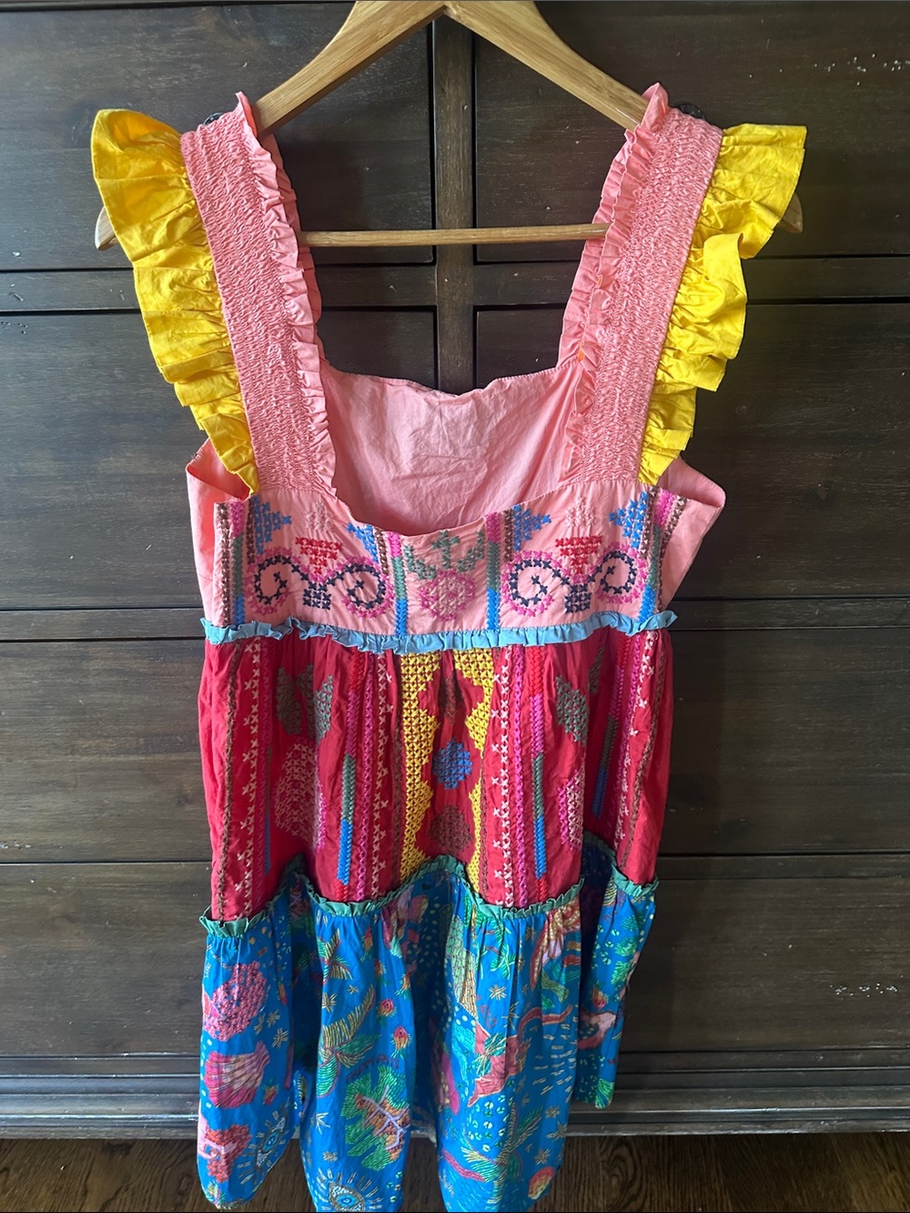 FARM Rio Pink, Yellow & Blue Patchwork Embroidered Midi Dress - Picture 2 of 3